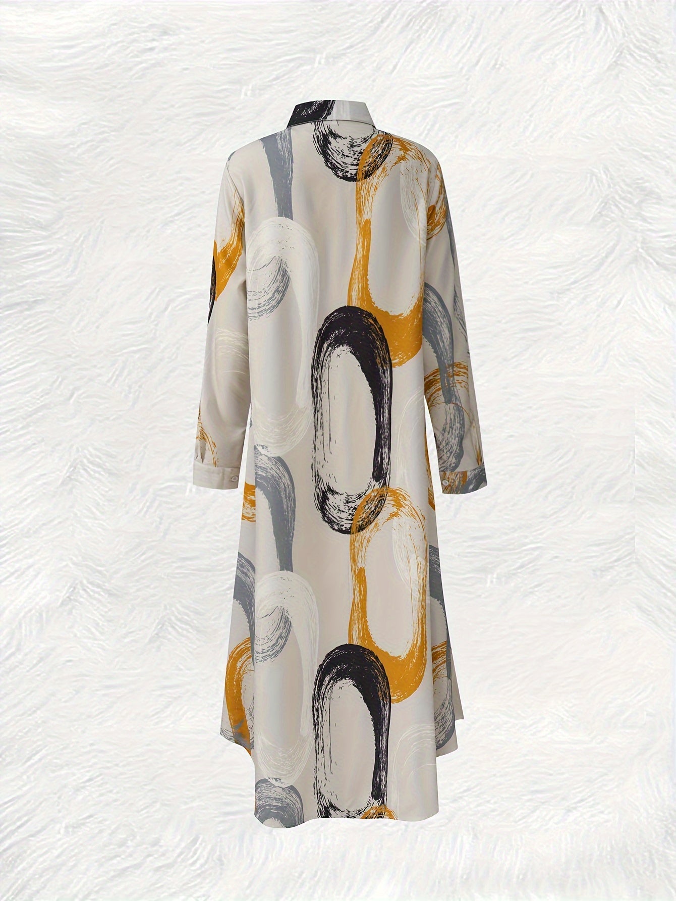 Chic Vacation-Style Long Sleeve Dress - Women's Polyester Shift with Abstract Print, Button-Up Collar, and Roll-Up Option - Perfect for Spring/Fall Getaways